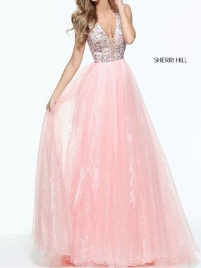 Sherri Hill Light Pink Beaded Tulle Ball Gown